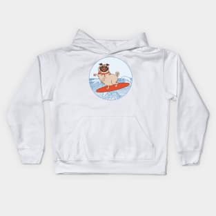 Wave riding pug on surfboard Kids Hoodie